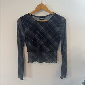 Plaid Mesh Sheer Tiered Long Sleeve Top, Black/Grey, Sz S, NWT